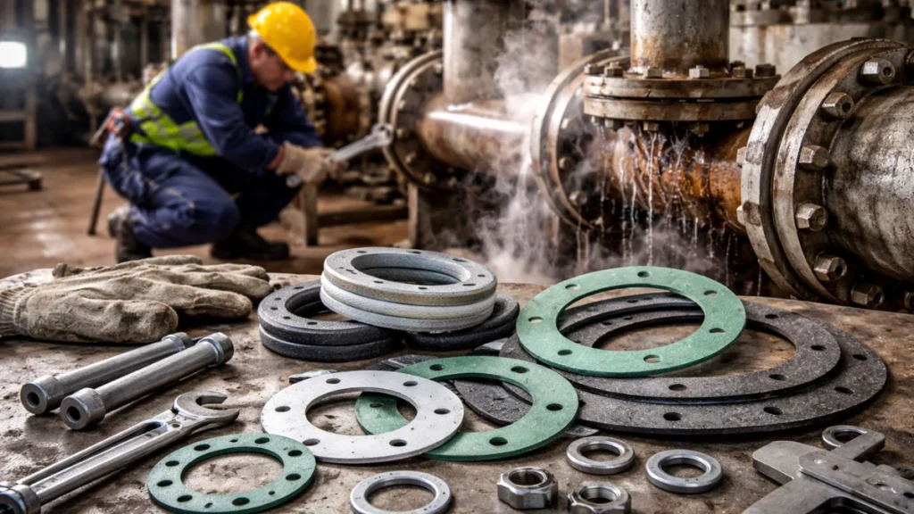 Teknisi memperbaiki kebocoran pipa akibat gasket murah di area mesin pabrik dengan berbagai gasket dan alat maintenance.