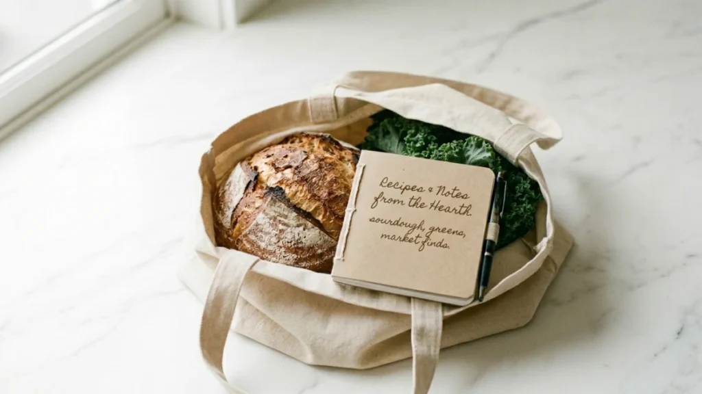 Ilustrasi tas belanja berisi sayuran segar dan catatan untuk menjelaskan grocery artinya kebutuhan pokok rumah tangga yang esensial.