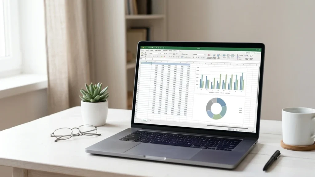 Laptop dengan tampilan lembar kerja yang bersih untuk mempraktekkan rumus pengurangan dalam excel secara profesional.