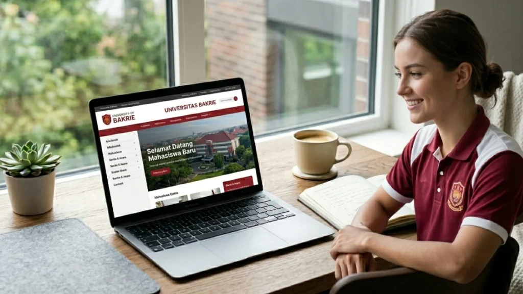 Mahasiswa sedang melihat informasi program studi di layar laptop yang menampilkan situs Universitas Bakrie dengan suasana ruangan yang cerah.