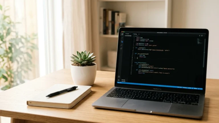 Meja kerja bersih dengan laptop menampilkan code editor, cocok untuk memulai belajar HTML dari nol secara mandiri.