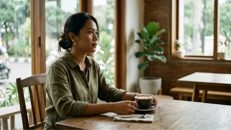 Seorang perempuan duduk melamun di kafe, menggambarkan kondisi overthinking dalam kehidupan sehari-hari