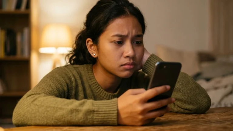Perempuan muda duduk sendirian menatap layar ponsel dengan ekspresi overthinking — ilustrasi baper singkatan dari bawa perasaan dalam bahasa gaul Indonesia.