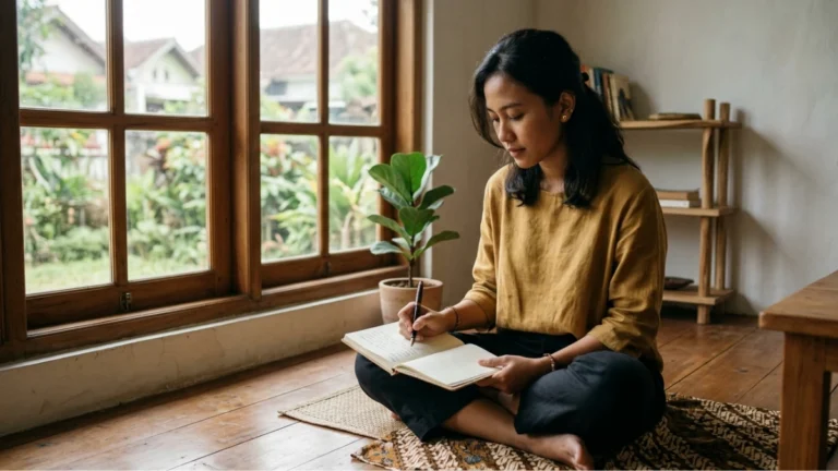 Perempuan menulis di buku catatan dekat jendela sebagai cara mengatasi overthinking dengan journaling strategis