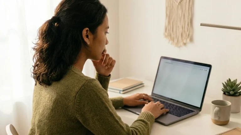 Anak muda mengetik komentar panjang di laptop dengan ekspresi fokus — ilustrasi CMIIW singkatan dari Correct Me If I'm Wrong dalam diskusi online.