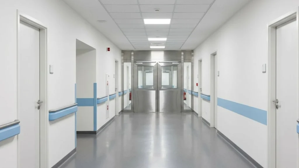 Koridor rumah sakit bersih yang mengarah ke pintu ruang perawatan intensif — ilustrasi ICU singkatan dari Intensive Care Unit dan jenis ruang kritis lainnya.