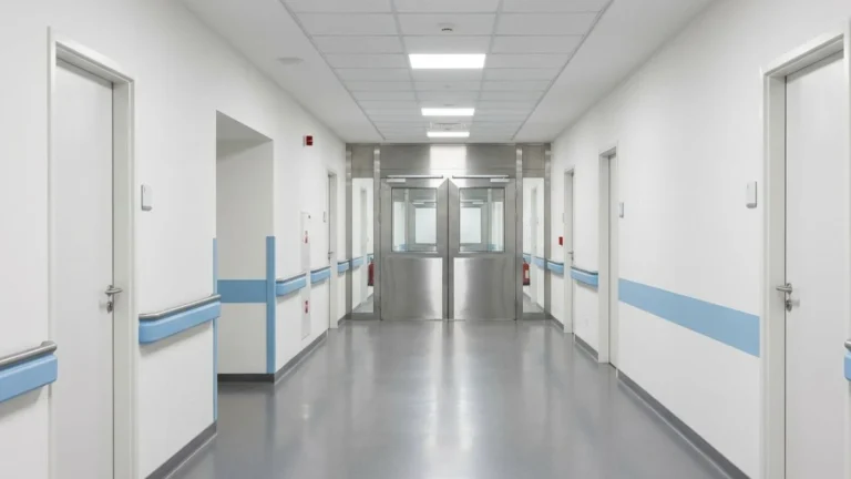 Koridor rumah sakit bersih yang mengarah ke pintu ruang perawatan intensif — ilustrasi ICU singkatan dari Intensive Care Unit dan jenis ruang kritis lainnya.