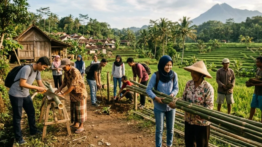 Mahasiswa bekerja bersama warga desa di lingkungan pedesaan Indonesia — ilustrasi KKN singkatan dari Kuliah Kerja Nyata sebagai program pengabdian masyarakat.