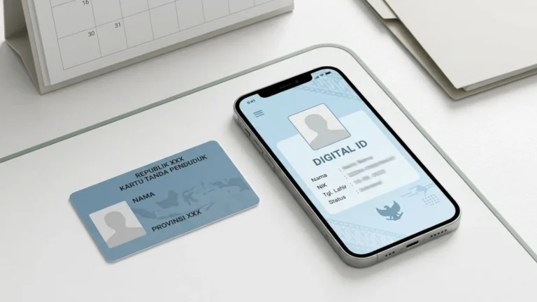 Kartu identitas dan smartphone menampilkan aplikasi IKD di atas meja layanan — ilustrasi KTP singkatan dari Kartu Tanda Penduduk versi fisik dan digital.
