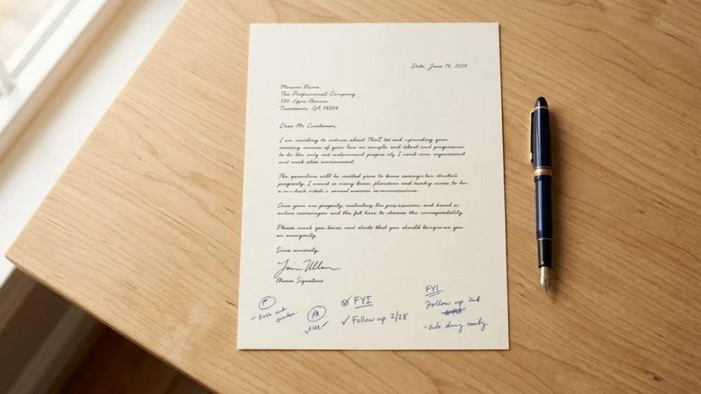Surat resmi dengan pena di atas meja kerja kayu — ilustrasi NB singkatan dari Nota Bene sebagai catatan tambahan penting dalam dokumen formal.