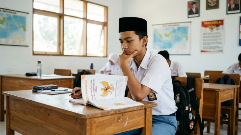 Pelajar Indonesia membaca buku PKn tentang makna NKRI adalah singkatan dari Negara Kesatuan Republik Indonesia.