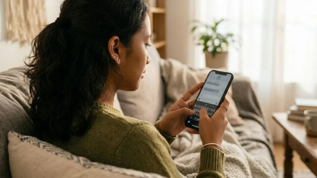 Anak muda mengetik pesan di smartphone sambil santai di sofa — ilustrasi penggunaan kata ntar artinya sebentar dalam percakapan informal sehari-hari Indonesia.