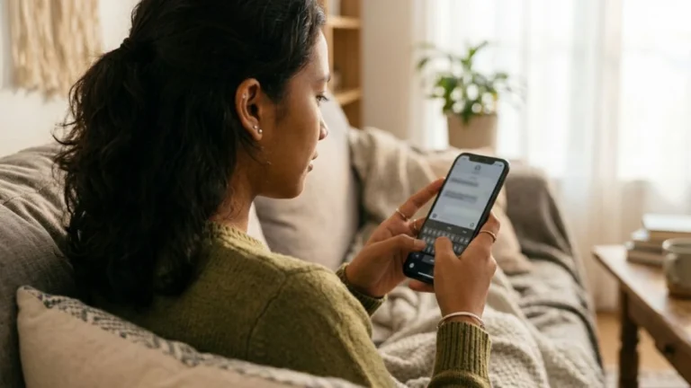 Anak muda mengetik pesan di smartphone sambil santai di sofa — ilustrasi penggunaan kata ntar artinya sebentar dalam percakapan informal sehari-hari Indonesia.