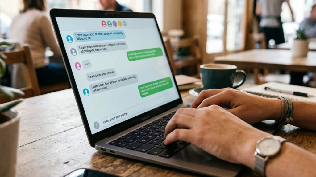 Tangan mengetik di laptop dengan tampilan grup chat di layar — ilustrasi OOT singkatan dari Out of Topic dalam percakapan digital online.