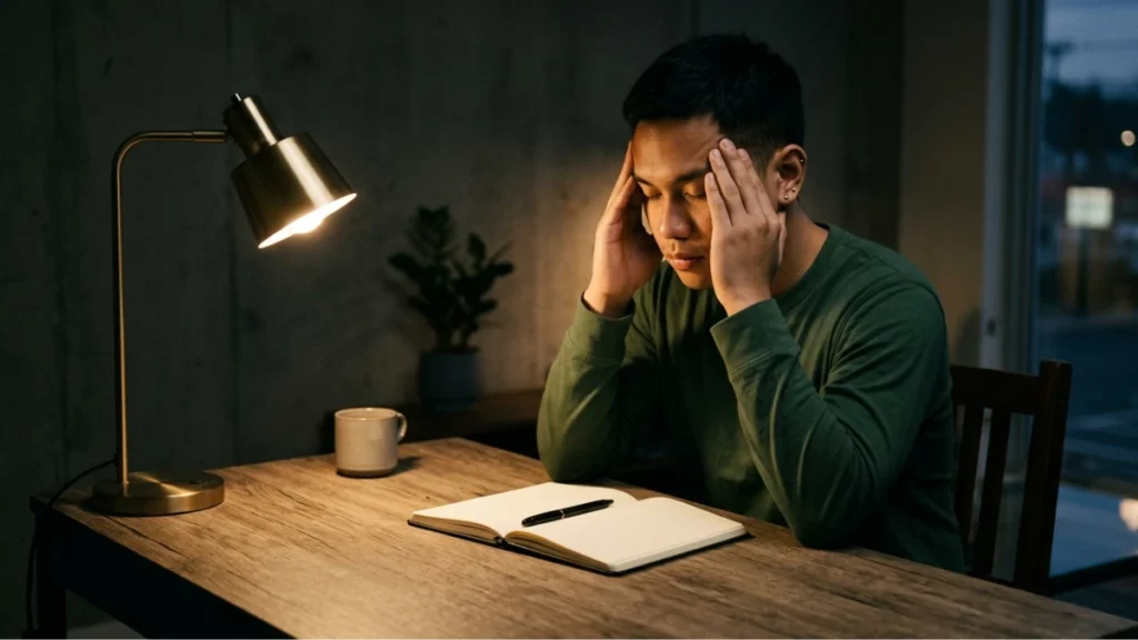Pria duduk merenung di meja malam hari, menggambarkan kondisi overthinking dan anxiety yang saling memicu
