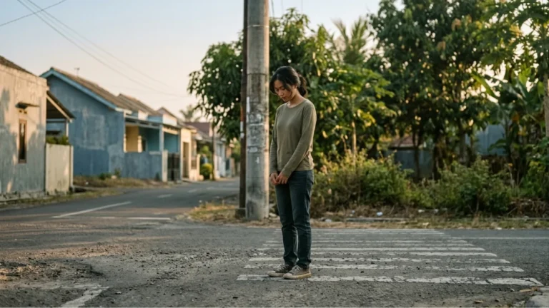 Perempuan berdiri di persimpangan jalan sambil merenung, menggambarkan kebingungan akibat penyebab overthinking
