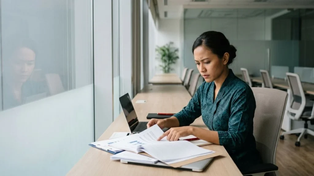Karyawan duduk sendirian di meja kantor menatap dokumen dengan ekspresi serius — ilustrasi situasi PHK singkatan dari Pemutusan Hubungan Kerja dan hak pesangon.