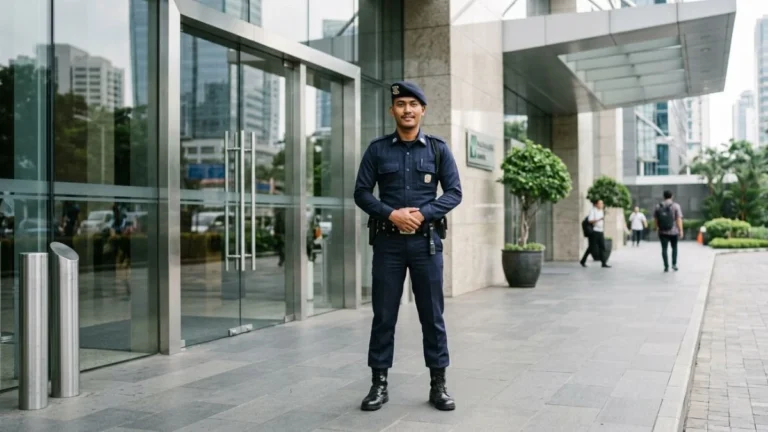 Satpam berseragam rapi berdiri di depan gedung perkantoran modern — ilustrasi satpam singkatan dari Satuan Pengamanan profesi resmi yang diatur Polri.