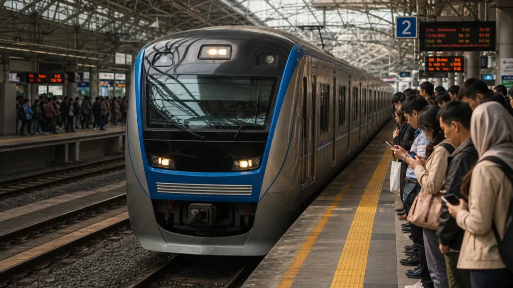 Kereta KRL Commuter Line tiba di stasiun Jakarta sebagai ilustrasi singkatan KRL yang berarti Kereta Rel Listrik.
