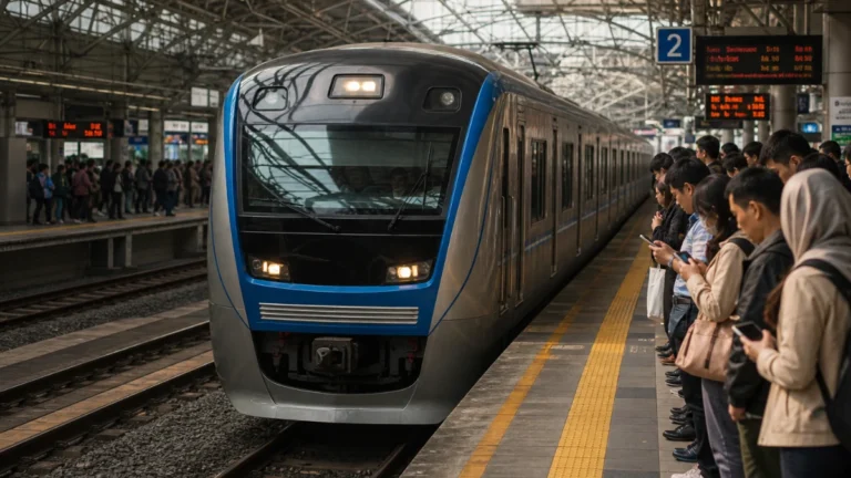 Kereta KRL Commuter Line tiba di stasiun Jakarta sebagai ilustrasi singkatan KRL yang berarti Kereta Rel Listrik.