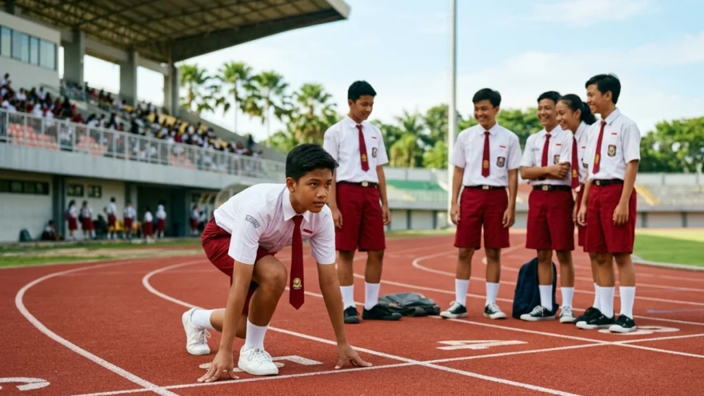 Singkatan O2SN dalam ajang Olimpiade Olahraga Siswa Nasional — siswa Indonesia bersiap mengikuti lomba atletik di lapangan sekolah.