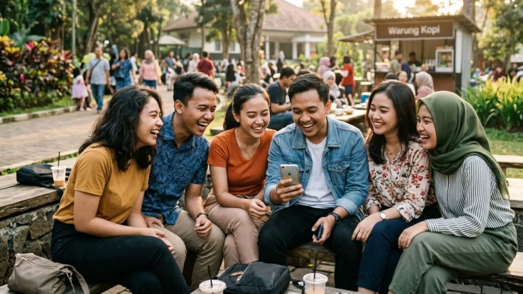 Sekelompok anak muda Indonesia tertawa bersama sambil memegang smartphone — ilustrasi wkwk artinya ekspresi tawa khas budaya digital Indonesia.
