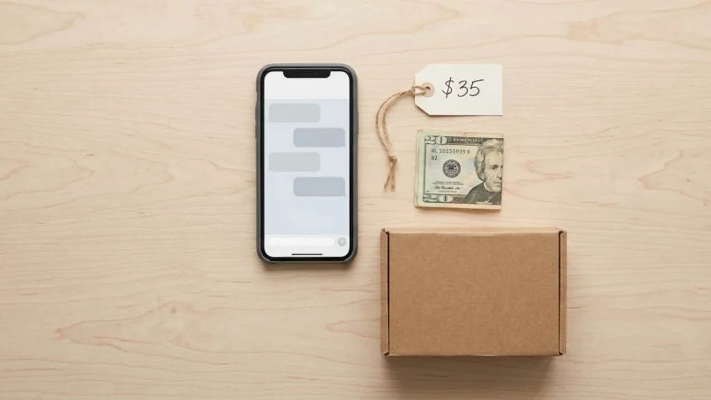 Flat lay objek jual beli online — label harga, kotak pengiriman, dan ponsel di atas meja kayu — ilustrasi WTB singkatan dari Want To Buy dan WTS Want To Sell.