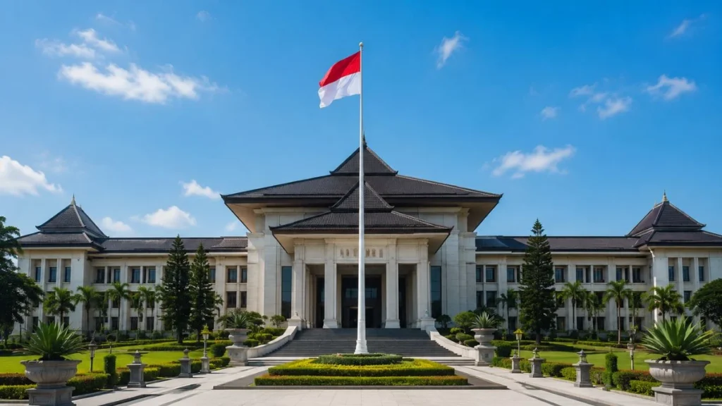 Eksterior gedung pemerintahan Indonesia megah di bawah langit biru — ilustrasi APBN singkatan dari Anggaran Pendapatan dan Belanja Negara rencana keuangan tahunan negara.