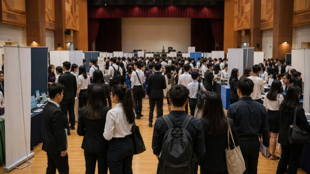 Suasana job fair di aula sekolah dengan meja perusahaan dan peserta muda berpakaian rapi — ilustrasi BKK singkatan dari Bursa Kerja Khusus yang menghubungkan lulusan SMK dengan industri.