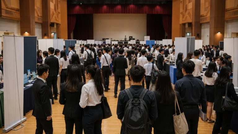 Suasana job fair di aula sekolah dengan meja perusahaan dan peserta muda berpakaian rapi — ilustrasi BKK singkatan dari Bursa Kerja Khusus yang menghubungkan lulusan SMK dengan industri.
