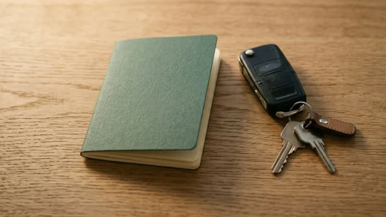 Buku dokumen kendaraan kecil dan kunci motor di atas meja kayu — ilustrasi BPKB singkatan dari Buku Pemilik Kendaraan Bermotor sebagai bukti kepemilikan sah dari Polri.