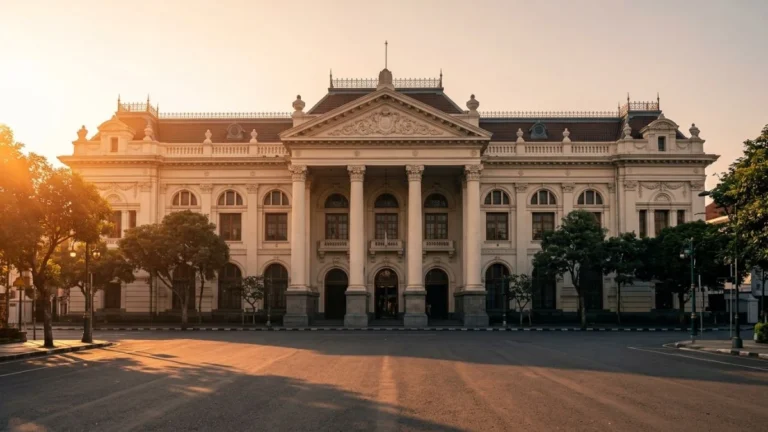 Eksterior gedung bank klasik Indonesia bergaya kolonial di bawah cahaya golden hour — ilustrasi BRI singkatan dari Bank Rakyat Indonesia bank tertua di Indonesia.
