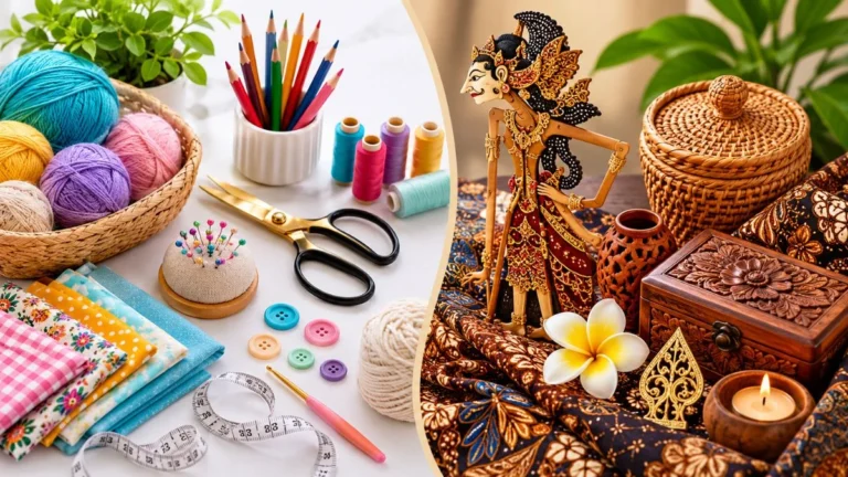 Split frame dua sisi — alat kerajinan tangan di sisi kiri dan ornamen tradisional di atas kain batik di sisi kanan — ilustrasi DIY kepanjangan dari Do It Yourself dan Daerah Istimewa Yogyakarta.