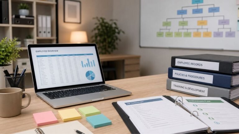 Meja kerja HR yang rapi dengan laptop, folder dokumen, dan papan organisasi di latar — ilustrasi HRD kepanjangan dari Human Resource Development dan tugasnya di perusahaan.