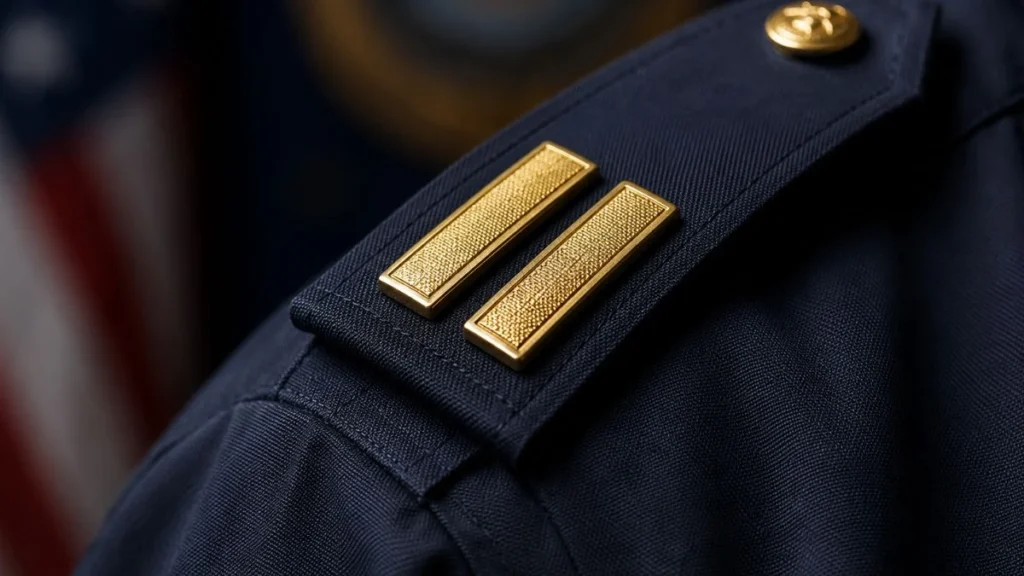 Close-up detail dua balok emas di pundak seragam polisi — ilustrasi IPTU singkatan dari Inspektur Polisi Satu dalam sistem pangkat Polri.