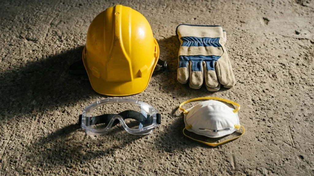 Perlengkapan APD tersusun rapi di permukaan beton industrial — helm kuning, sarung tangan, kacamata, dan masker sebagai ilustrasi K3 singkatan dari Keselamatan dan Kesehatan Kerja.