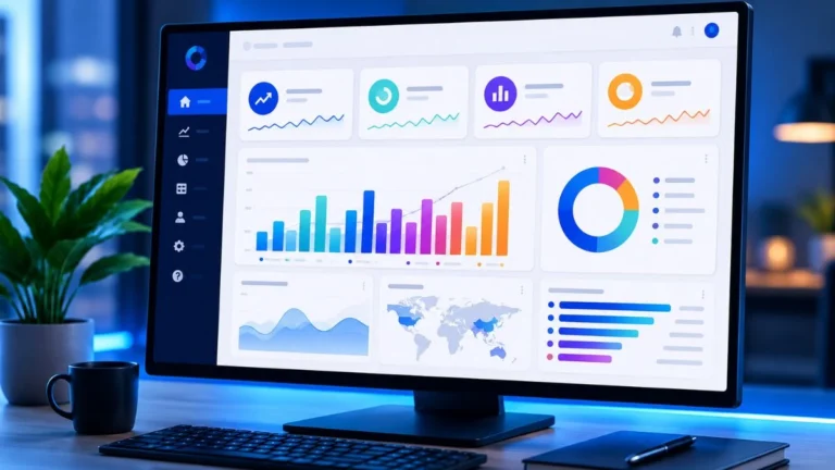 Monitor menampilkan dashboard grafik dan metrik persentase warna-warni — ilustrasi KPI singkatan dari Key Performance Indicator sebagai alat ukur kinerja karyawan dan perusahaan.