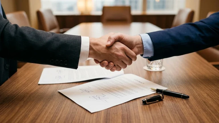 Dua tangan berjabat di atas meja dengan dokumen dan pena — ilustrasi MOU kepanjangan dari Memorandum of Understanding sebagai dokumen nota kesepahaman kerja sama.