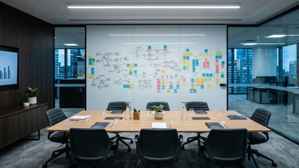 Ruang rapat modern dengan papan tulis berisi diagram alur proyek dan sticky notes warna-warni — ilustrasi PIC singkatan dari Person In Charge sebagai penanggung jawab proyek di perusahaan.