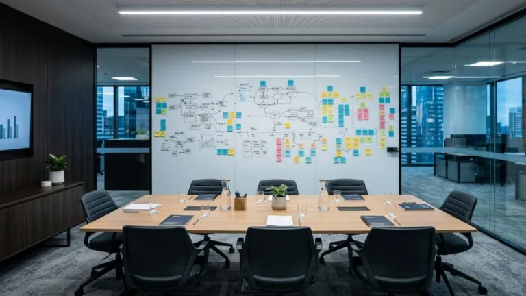 Ruang rapat modern dengan papan tulis berisi diagram alur proyek dan sticky notes warna-warni — ilustrasi PIC singkatan dari Person In Charge sebagai penanggung jawab proyek di perusahaan.