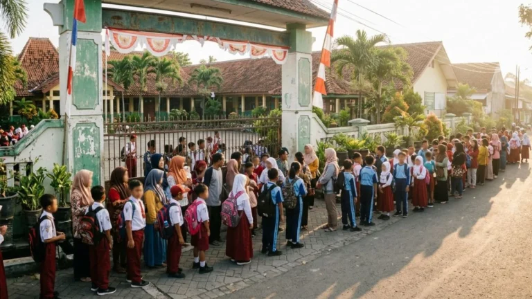 Antrean orang tua dan siswa di depan gerbang sekolah negeri saat pagi hari — ilustrasi PPDB singkatan dari Penerimaan Peserta Didik Baru yang kini berganti menjadi SPMB 2026.