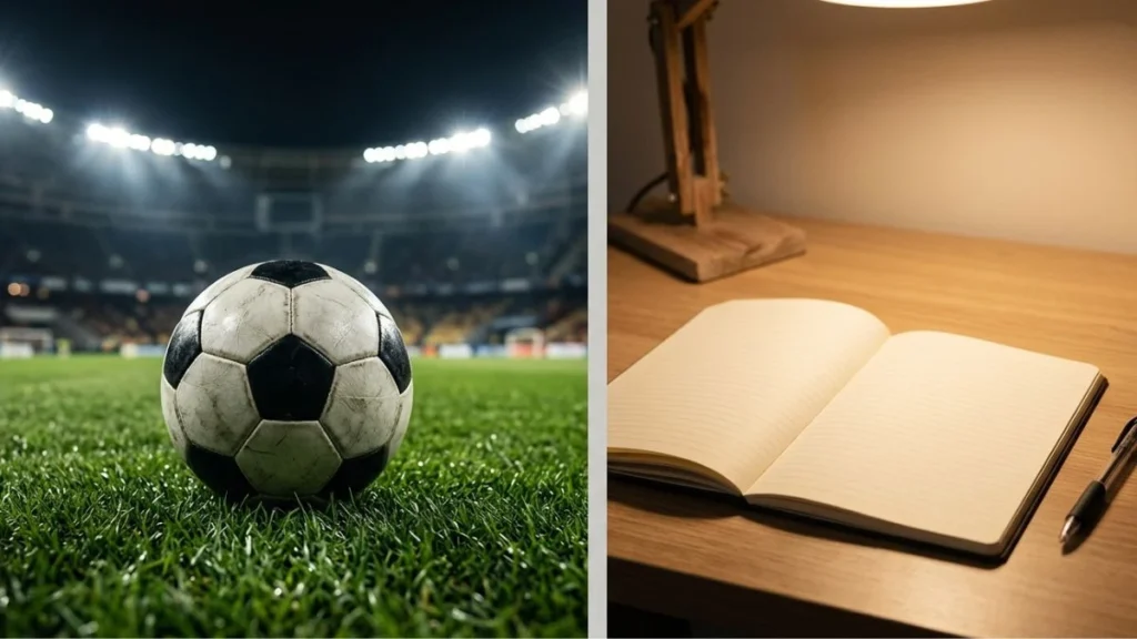 Split frame bola sepak di lapangan hijau di sisi kiri dan buku catatan di meja belajar di sisi kanan — ilustrasi PSG singkatan dari Paris Saint-Germain dan Pendidikan Sistem Ganda.