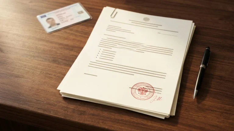 Dokumen resmi dengan stempel merah dan pena di atas meja kayu — ilustrasi SKCK singkatan dari Surat Keterangan Catatan Kepolisian dokumen rekam jejak resmi dari Polri.