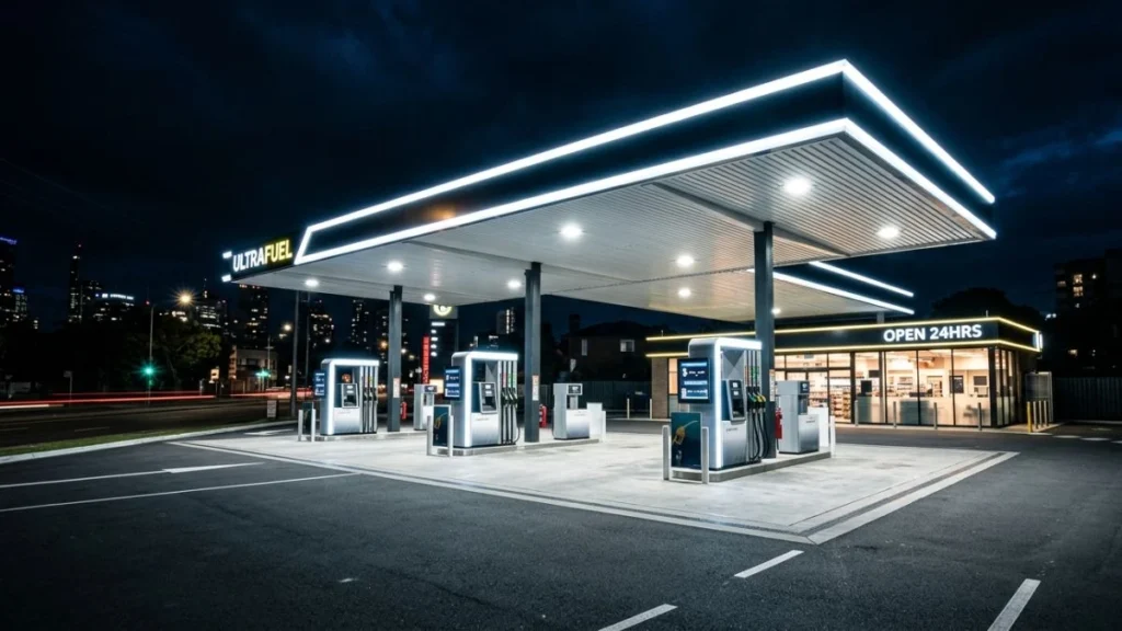 Eksterior SPBU modern dengan kanopi berlampu terang di malam hari — ilustrasi SPBU singkatan dari Stasiun Pengisian Bahan Bakar Umum infrastruktur energi Indonesia.