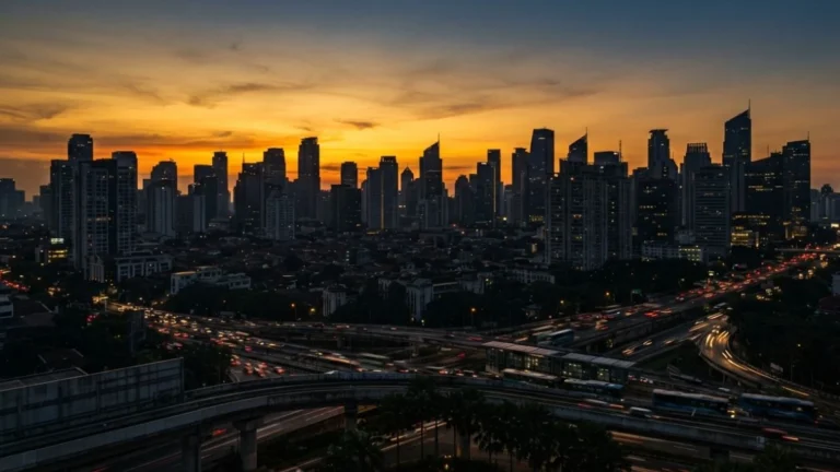 dki singkatan dari daerah khusus ibukota — siluet gedung pencakar langit Jakarta saat senja