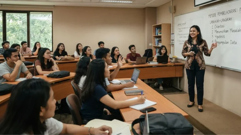 Mahasiswa program pendidikan profesi guru sedang praktik mengajar di kelas