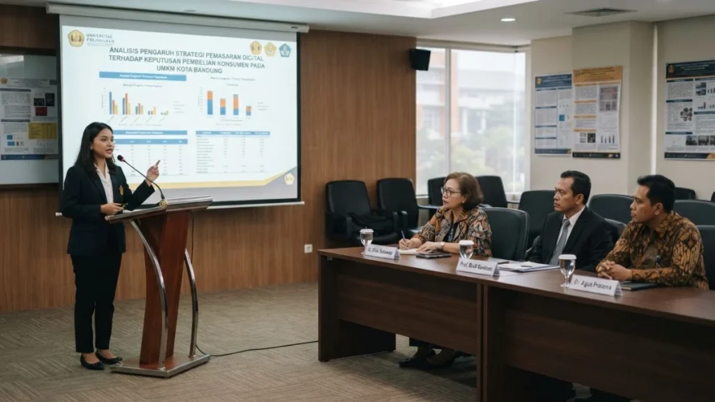 Mahasiswa mempresentasikan seminar hasil penelitian di hadapan dosen penguji