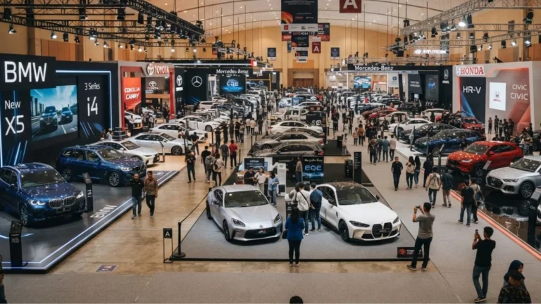 Suasana pameran otomotif GIIAS dengan deretan mobil baru dipajang