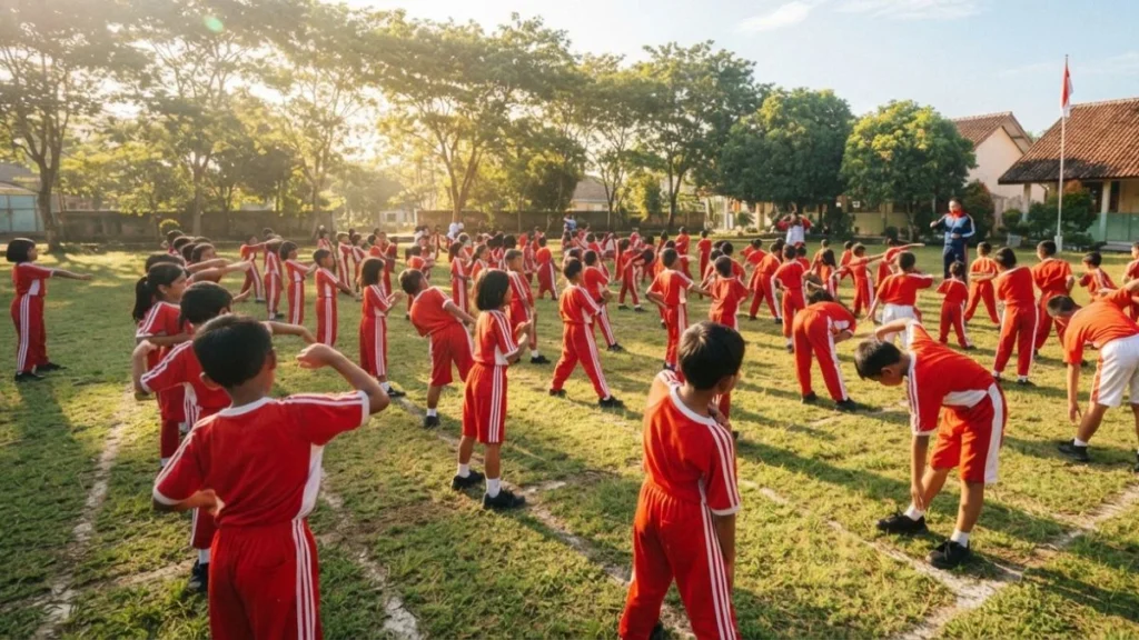 pjok singkatan dari pendidikan jasmani olahraga dan kesehatan — siswa pemanasan di lapangan sekolah