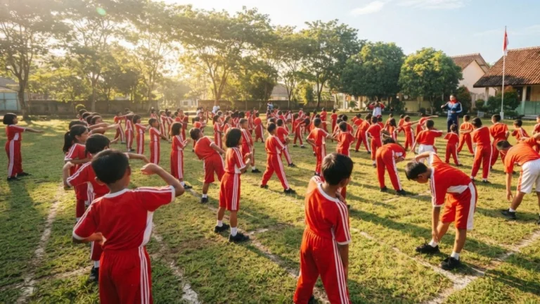 pjok singkatan dari pendidikan jasmani olahraga dan kesehatan — siswa pemanasan di lapangan sekolah